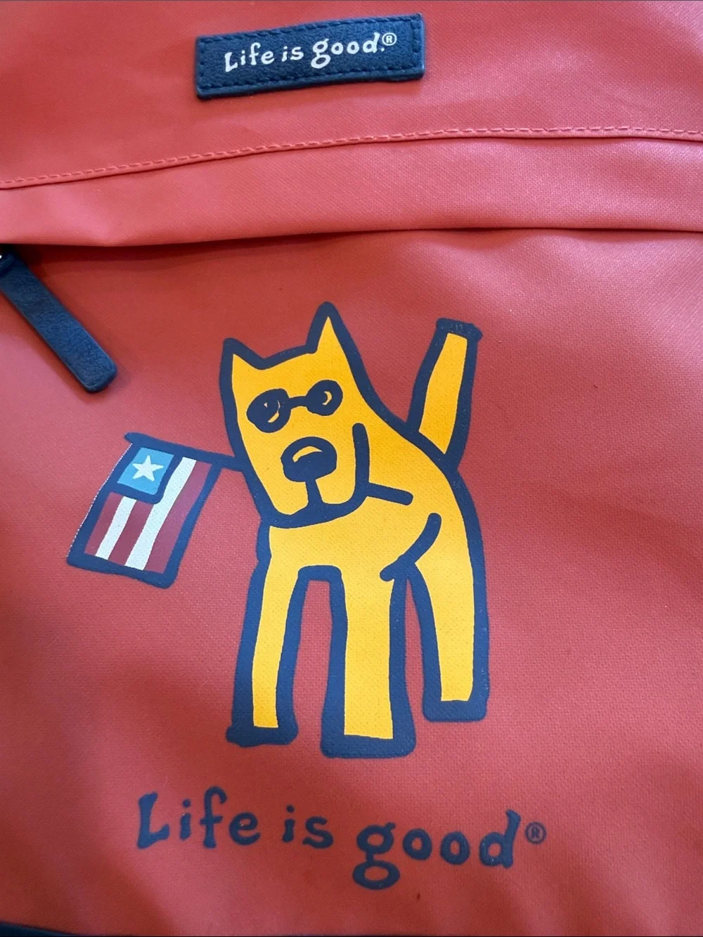 Life Is Good Orange Dog Graphic Pet Backpack with Navy Trim
